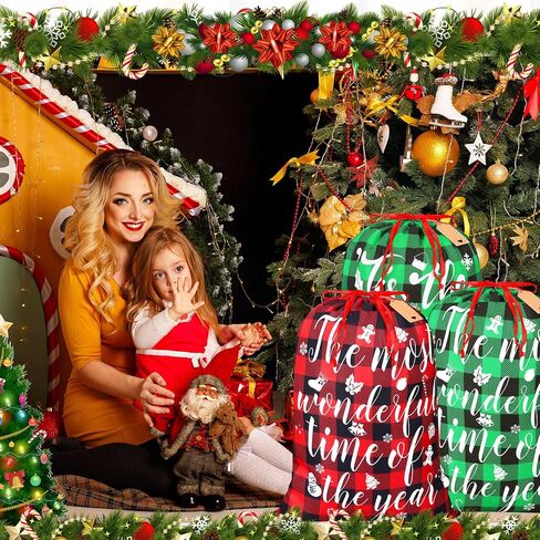 6 Pcs 20 x 28 In Christmas Buffalo Plaid Drawstring Bags with Tags Large Xmas Wrapping Bags Reusable Christmas Fabric Bags for Christmas Party Supplies(Black, Red, Green, White) in Saudi Arabia