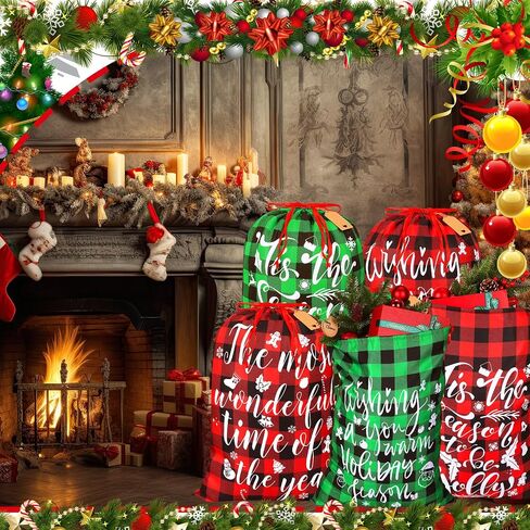 6 Pcs 20 x 28 In Christmas Buffalo Plaid Drawstring Bags with Tags Large Xmas Wrapping Bags Reusable Christmas Fabric Bags for Christmas Party Supplies(Black, Red, Green, White) in Saudi Arabia