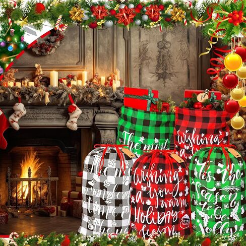 6 Pcs 20 x 28 In Christmas Buffalo Plaid Drawstring Bags with Tags Large Xmas Wrapping Bags Reusable Christmas Fabric Bags for Christmas Party Supplies(Black, Red, Green, White) in Saudi Arabia