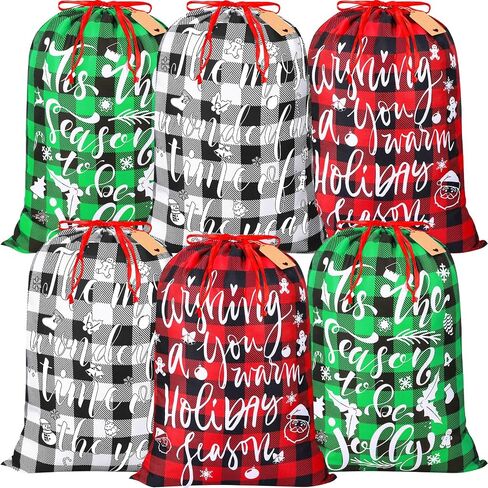 6 Pcs 20 x 28 In Christmas Buffalo Plaid Drawstring Bags with Tags Large Xmas Wrapping Bags Reusable Christmas Fabric Bags for Christmas Party Supplies(Black, Red, Green, White) in Saudi Arabia