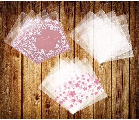 حقيبة حلوى ذاتية اللصق 300 قطعة 3 أنماط مختلفة أكياس كوكيز بلاستيكية ذاتية اللصق 100 قطعة من أكياس أزهار الكرز، 100 قطعة من أكياس الورد الوردي و100 قطعة من أكياس البولكا المنقطة البيضاء هدية حقيبة بلاستيكية يمكنك صنعها بنفسك in Kuwait