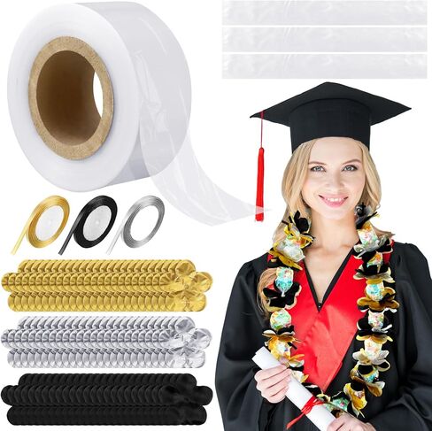 XunYee 610 Pcs Graduation Candy Lei Making Kit Includes Clear 550 ft Poly Tubing Roll 600 Pcs Gold Silver Black Flower Cutouts 9 Rolls Ribbon Bulk for DIY 2024 Graduation Wreaths Party Favor Supplies in Saudi Arabia