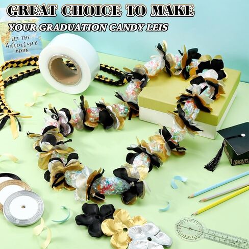 XunYee 610 Pcs Graduation Candy Lei Making Kit Includes Clear 550 ft Poly Tubing Roll 600 Pcs Gold Silver Black Flower Cutouts 9 Rolls Ribbon Bulk for DIY 2024 Graduation Wreaths Party Favor Supplies in Saudi Arabia