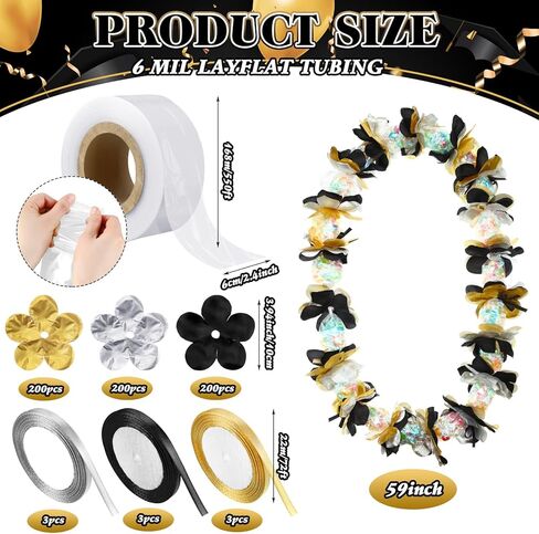 XunYee 610 Pcs Graduation Candy Lei Making Kit Includes Clear 550 ft Poly Tubing Roll 600 Pcs Gold Silver Black Flower Cutouts 9 Rolls Ribbon Bulk for DIY 2024 Graduation Wreaths Party Favor Supplies in Saudi Arabia