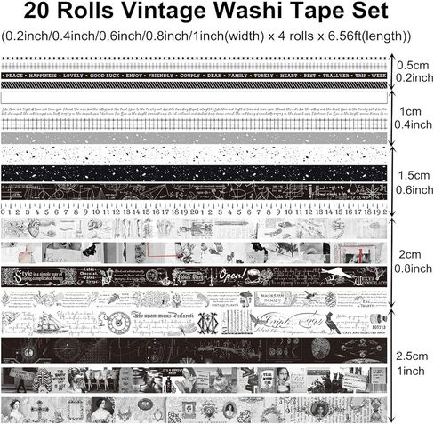 مجموعة شريط واشي عتيق 20 لفة، شريط لاصق زخرفي عتيق بعرض 25/20/15/10/5 مم لحديقة الزهور العتيقة لمستلزمات سجل القصاصات (أسود وأبيض) in Kuwait