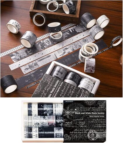 مجموعة شريط واشي عتيق 20 لفة، شريط لاصق زخرفي عتيق بعرض 25/20/15/10/5 مم لحديقة الزهور العتيقة لمستلزمات سجل القصاصات (أسود وأبيض) in Kuwait