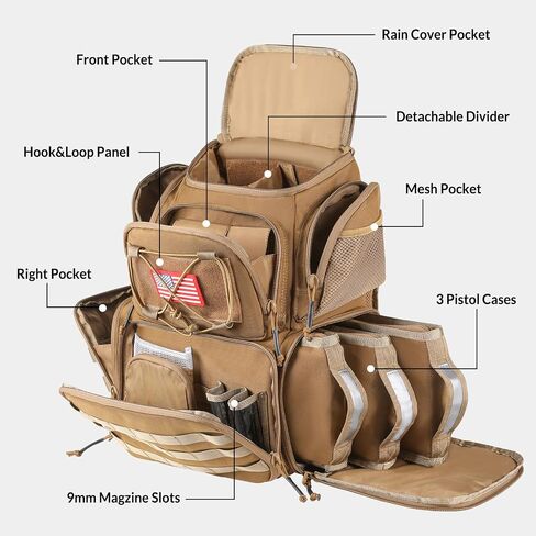 Tactical Range Backpack for Handguns and Ammo, Gun Cases Bag with 3 Pistol Carrying Cases for Hunting Shooting in Saudi Arabia