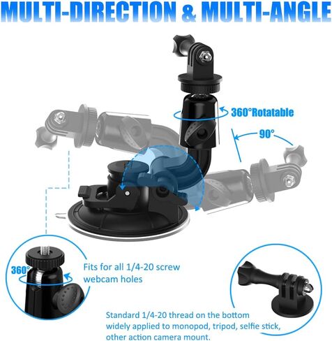 حامل كاميرا السيارة (1/4 برغي)، حامل كاميرا Charchendo للزجاج الأمامي وكأس شفط لوحة القيادة (قطر 90 مم) مع دوران 360 درجة للكاميرا الرياضية، ومسجل الفيديو، وGoPro Hero 10 9 8 7، وSjcam، وYicam إلخ in Kuwait