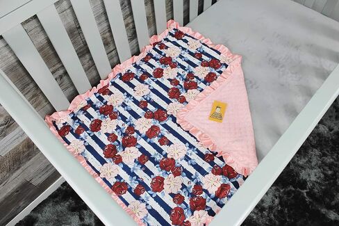 بطانية الأطفال الفاخرة ذات الأزهار من Dear Baby Gear - هدايا مينكي ذات وجهين ومعلم وحديثي الولادة للفتيات والفتيان - زهور مائية زرقاء على الأبيض، ومنكي أبيض، وكشكشة بيضاء، 43 × 33 بوصة in Kuwait