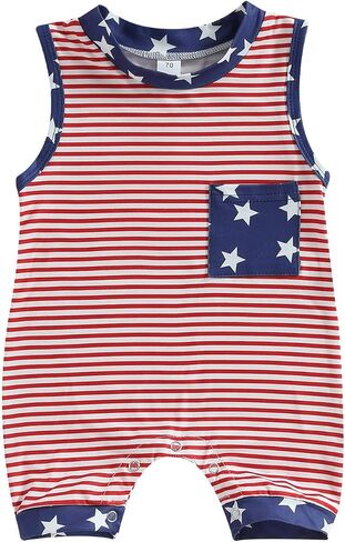 Twopumpkin Newborn Baby Boy Girl 4th of July Outfit American Flag Romper Sleeveess Jumpsuit Memoroal Day Patriotic Clothes in Saudi Arabia