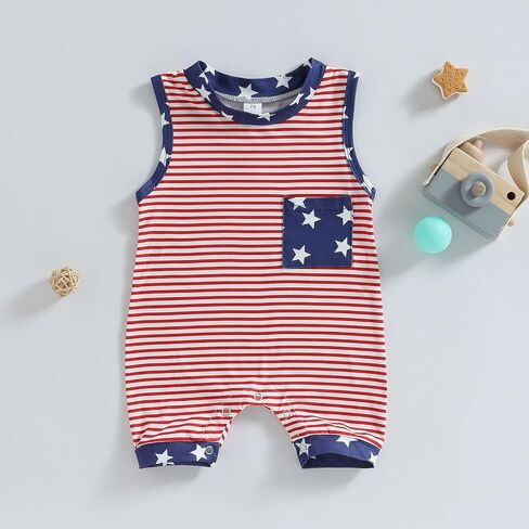 Twopumpkin Newborn Baby Boy Girl 4th of July Outfit American Flag Romper Sleeveess Jumpsuit Memoroal Day Patriotic Clothes in Saudi Arabia