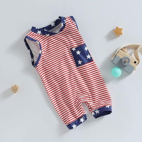 Twopumpkin Newborn Baby Boy Girl 4th of July Outfit American Flag Romper Sleeveess Jumpsuit Memoroal Day Patriotic Clothes in Saudi Arabia