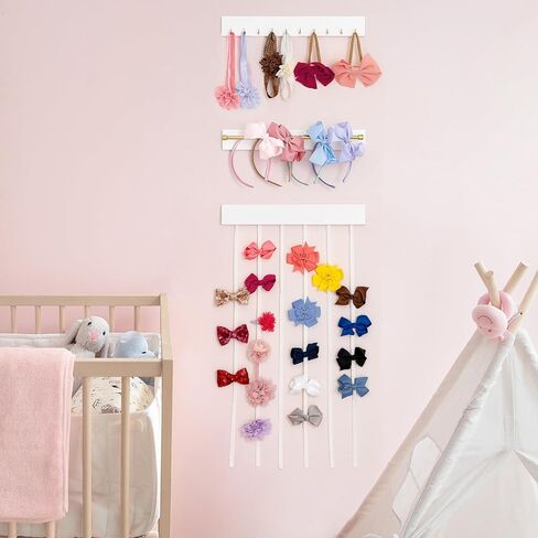 داهي القوس حامل للفتيات الشعر الأقواس المنظم حامل عقال مع شريط معدني و 10 السنانير الحديثة القوس شماعات مجموعة من 3 مقاطع الشعر الخشبية تخزين الفتيات إكسسوارات شعر الطفل لغرفة الحضانة الفتيات in Kuwait