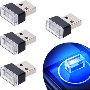 Febrytold 4Pcs Blue USB Car Interior Atmosphere Lamps, Universal Mini Led USB Lights for Car Decoration, Lighting