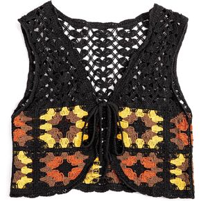 KEOMUD Crochet Floral Sweater Vest for Women Casual V Neck Crop Hollow Out Sleeveless Tie Front Knit Cardigan Vest