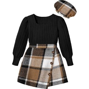 Girl Skirt Sets 3 Piece Outfits Square Neck Jacquard Puff Sleeve Tops Plaid Mini Skirt Shorts Fall Winter Clothes