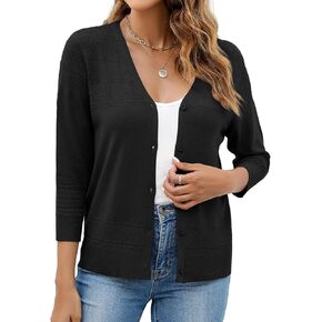 Neineiwu Womens Cropped Cardigan Lightweight 3/4 Sleeve Crochet Shrug Hollowed-Out Knit Sweater Tops Trendy 2024