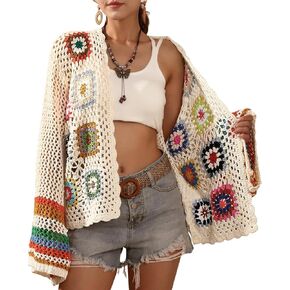 SMDPPWDBB Women's Crochet Open Front Floral Cardigan Colorful Striped Flared Long Sleeves Hollow Out Shrug Sweater