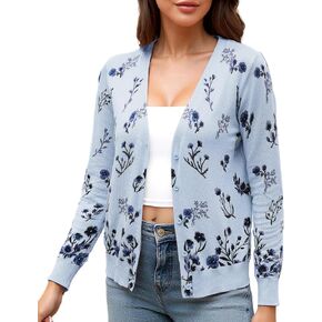 ECOWISH Cardigan Sweaters for Women: Lightweight Fall Dressy Long Sleeve Knitted Floral Printed Open Front Button Down V-Neck