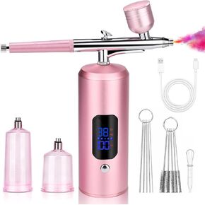 Daakro Cordless Airbrush Set - Portable Rechargeable Airbrush Kit with Compressor, LCD Screen Upgraded Cordless Airbrush Set for Makeup, Nail Art, Cake Decor, Model Painting, Barber, Tattoo(Pink)