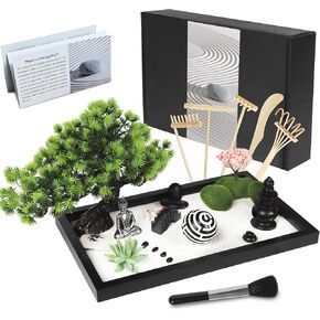 12.6x7.9 inch Zen Garden Kit Desktop Decoration Black Tray Big Tree Sand Ball Cherry Tree Rakes 6 Tools 19 Accessories Suitable for Office Meditation Mini Sand Table Relaxation Creative Gift