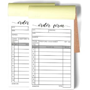 2 Packs 50-Set Order Form Pad, Carbon Duplicate Copy Sales Receipt Form, Invoice Booklet for Stores, Warehouses, Offices, and Restaurants, 3.4x5.5 Handheld, 2-Part Carbonless-White/Yellow.