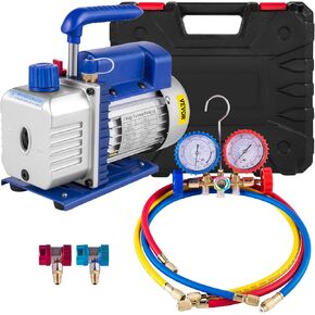 VEVOR 3CFM 1/4HP Single Stage Air Vacuum Pump HVAC R134a R12 R22 R410a A/C Refrigeration Kit AC Manifold Gauge R134 Can Tap Included Carrying Tote
