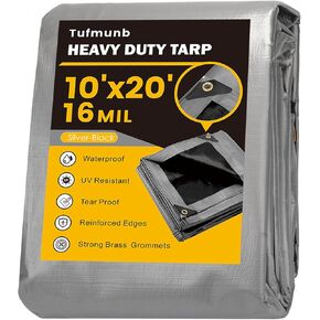Tarp Waterproof 10x20 Feet, 16 Mil Heavy Duty Thick Tarp, UV Resistant, Rip and Tear Proof, Large Tarp with Reinforced Edges for Roof, Camping, Patio, Pool, Boat (Silver/Black)