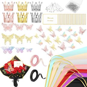 GGSTDDUP 235 قطعة من إكسسوارات باقة الزهور، 35 ورق تغليف الباقة، 6 تيجان ديكورات، 72 ديكور فراشة، 100 دبوس زهرة، 20 بطاقة هدايا وشريطين لحفلات الزفاف وأعياد الميلاد والتخرج in Kuwait