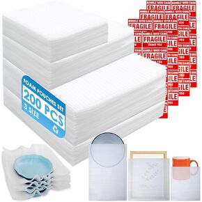 200 Pack Cushion Foam Pouches 3 Sizes wrap pouches with 12x12 Inch Foam Wrap Sheets dish packing kit Moving Fragile Items Packing Moving Supplies for Storage and Shipping With 50Fragile Stickers