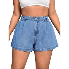 WDIRARA Women's Plus Size High Waist Pleated Wide Leg Denim Shorts with Pockets