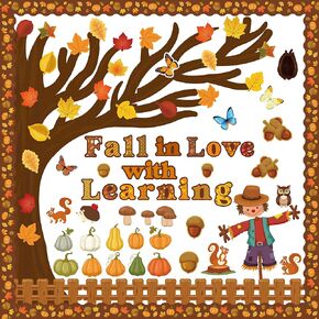 WATINC 170Pcs Fall Tree Learning Bulletin Board Decoration Set, Autumn Pumpkin Study Cut Outs Borders Decor, Thanksgiving Maple Leaves Cutout Wall Blackboard Accents for Classroom Elementary School