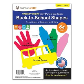 84 Pieces Back to School Handprints, Crayons and School Buses Punch Out Paper Cutouts in Assorted Bright Colors, 2-Sided, US Made Card Stock for Crafts, Bulletin Boards, Classroom Decor, and Posters