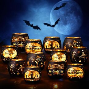 Mumufy 12 Pcs Halloween Candle Holder Glass Pumpkin Votive Tealight Holders Black Gold Halloween Table Decor Halloween Table Centerpiece for Party Fireplace Decor, No Candle Included
