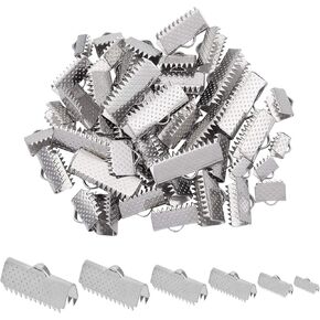 UNICRAFTALE 6 Sizes 60pcs Rectangle Ribbon Ends Stainless Steel Ribbon Clamp Crimps with Loop Ribbon Ends Fastener Clasp Leather Crimp Ends for Jewelry Making Stainless Steel Color