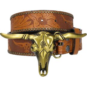 Western Cowboy Cowgirl Belt for Men and Women Engraved Floral Longhorn Bull Cow Skull Buckle Belt