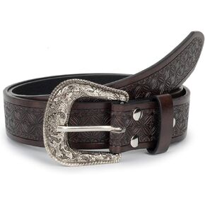 Utaly Men's Casual Leather-Belt, Western-Belt for Women Vintage Carved-Buckle Cowboy-Waist-Belts for Jeans Waist 28"-39"
