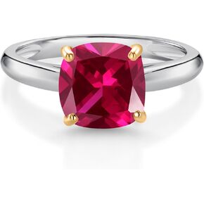 Gem Stone King 10K White and Yellow Gold Red Created Ruby Solitaire Engagement Ring For Women (2.50 Cttw, Cushion 8MM, Gemstone July Birthstone, Available In Size 5, 6, 7, 8, 9)