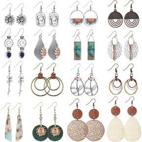 16 Pairs Boho Earrings for Women, Funtopia Dangle Earrings for Women Trendy, Vintage Ethnic Sunflower Earrings, Statement Geometric Round Teardrop Wooden Leather Earrings Jewelry