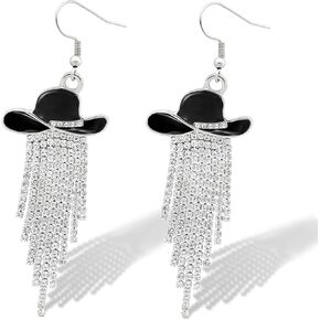 RechicGu Western Cowgirl Enamel Hat Sparkly Rhinestone Tassel Dangle Earrings Prom Country Concerts Rodeo Cowboy Outfits Jewelry Gift for Women