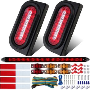 6" Inch Oval Led Trailer Tail Lights Kit w/Mounting Brackets, 6" Oval Led Tail Lights Backup Reverse Lights, 4Amber+2Red Mini Marker Lights, 13.8" Red Led 3RD Brake Identification Trailer Light Bar