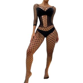 Women Mesh Bodystocking Fishnet Sexy Lingerie Long Sleeve Bodysuit One Piece Babydoll Underwear Nightwear