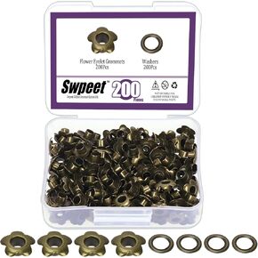Swpeet 200Sets 3/16" (5mm) Gold Hole Flower Grommets Metal Grommets Eyelets Grommet Kit, Metal Eyelets Kits Grommets Eyelets for Repairing Canvas, Leather, Curtains