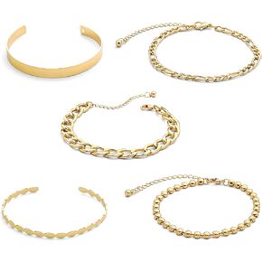 14K Gold and Silver Plated Layered Bracelet Sets, 5 Pieces, Adjustable Layered Link Bracelets Sets, Stainless Steel, no gemstone