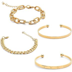 14K Gold and Silver Plated Layered Bracelet Sets, 4 Pieces, Adjustable Layered Link Bracelets Sets, Stainless Steel, no gemstone
