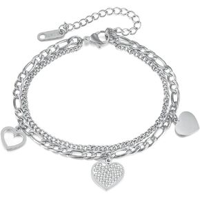 VJOSA Fashion Stainless Steel Heart Charm Double Layer Link Chain Bracelet