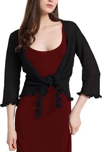 Women's 3/4 Sleeve Tie Open Front Sheer Mesh Lightweight Shrug Cardigan Lightweight Knit for Dresses in Saudi Arabia