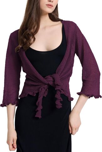 Women's 3/4 Sleeve Tie Open Front Sheer Mesh Lightweight Shrug Cardigan Lightweight Knit for Dresses in Saudi Arabia