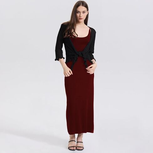 Women's 3/4 Sleeve Tie Open Front Sheer Mesh Lightweight Shrug Cardigan Lightweight Knit for Dresses in Saudi Arabia