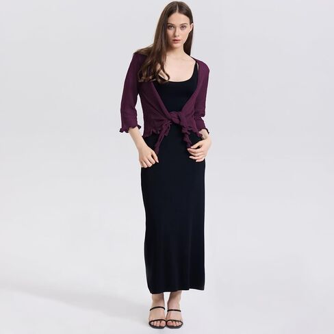 Women's 3/4 Sleeve Tie Open Front Sheer Mesh Lightweight Shrug Cardigan Lightweight Knit for Dresses in Saudi Arabia